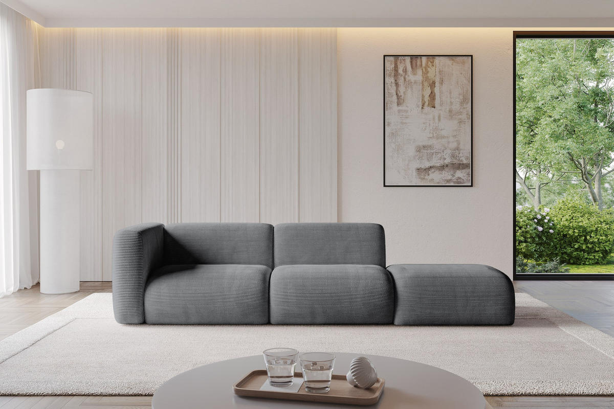 SOFA Ottomane Links MIRA-S3 296x89x70 Dunkelgrau Cord - Dunkelgrau/Schwarz, Holzwerkstoff/Kunststoff (296/70/89cm) - ALTDECOR
