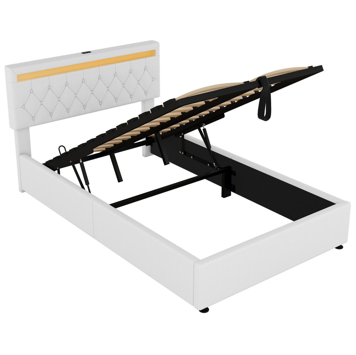 POLSTERBETT 140/200 cm mit LED-Beleuchtung, USB-C, USB-Anschluss und hydraulischem Stauraum, Weiß - Weiß, Textil (140/200cm) - Redom