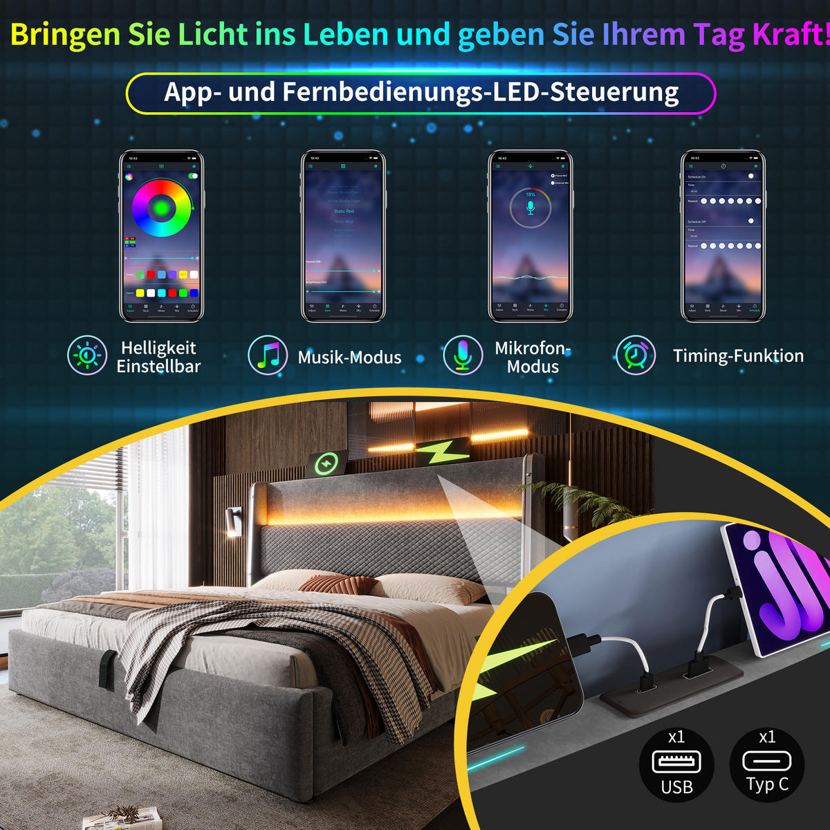 POSTEL s matrací 90/200 cm šedá z lnu s LED osvětlením, úložným prostorem a USB/Type-C - šedá, textil (90/200cm) - OKWISH