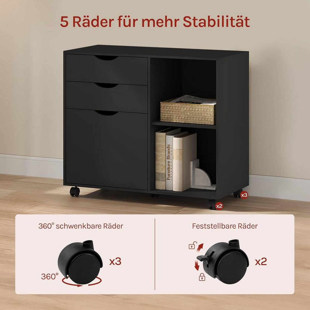 ROLLCONTAINER mit 3 Schubladen,5 Rollen, Schwarz - Schwarz, Holzwerkstoff (80/69.5/39.5cm) - Woltu