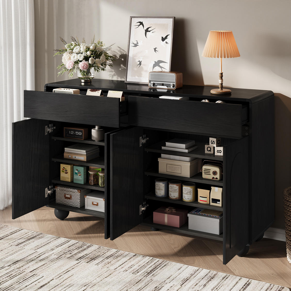 SIDEBOARD in Schwarz Aufbewahrungsschrank mit Schubladen, 140 B x38 T x 89 H(cm), fürs Wohn & Schlaf - Schwarz, Holzwerkstoff (140/89/38cm) - STILVORA