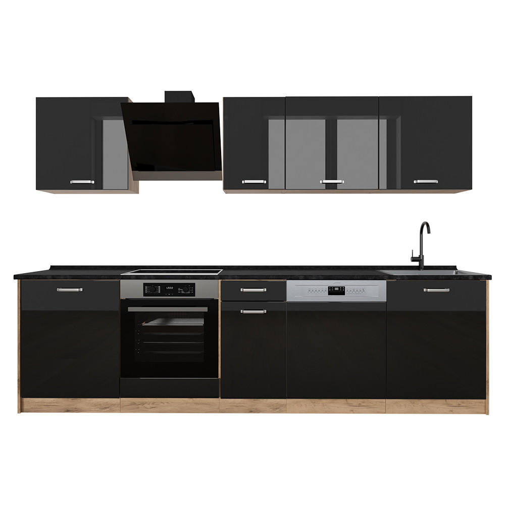 KÜCHENZEILE R-Line, Schwarz Hochglanz/Goldkraft Eiche, 280 cm Arbeitsplatte Anthrazit - Honigeiche/Schwarz Hochglanz, Holzwerkstoff (280/206.8/60cm) - Vicco
