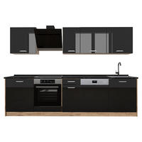 KÜCHENZEILE R-Line, Schwarz Hochglanz/Goldkraft Eiche, 280 cm Arbeitsplatte Anthrazit - Honigeiche/Schwarz Hochglanz, Holzwerkstoff (280/206.8/60cm) - Vicco