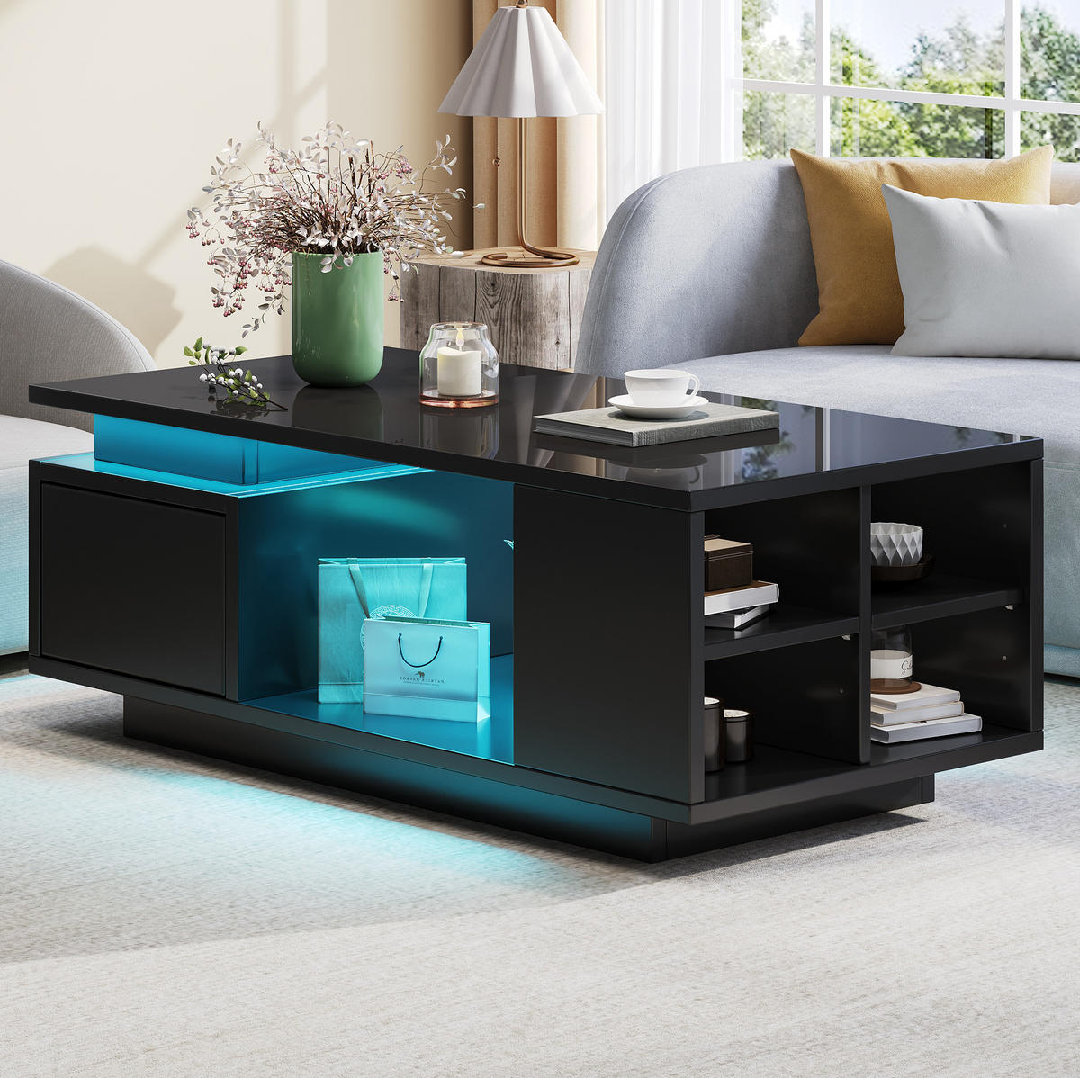 COUCHTISCH 100/50/36 cm Schwarz mit LED-Beleuchtung Hochglanz mit Schublade - Schwarz, Holzwerkstoff (100/50/36cm) - OKWISH