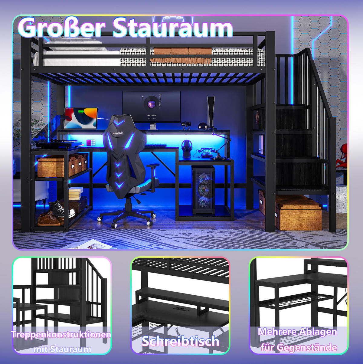 HOCHBETT 90/200 cm mit Schreibtisch, USB-Anschluss, LED-Beleuchtung und Stauraum aus Metall und MDF, Schwarz - Schwarz, Metall (90/200cm) - Redom