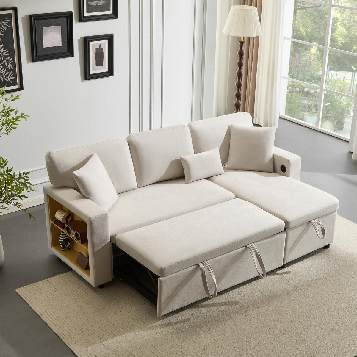 ECKSOFA L-Form Schlafcouch mit Stauraum und USB-Anschluss Samt Beige 214/131/87 cm - Beige, Textil (214/131cm) - OKWISH