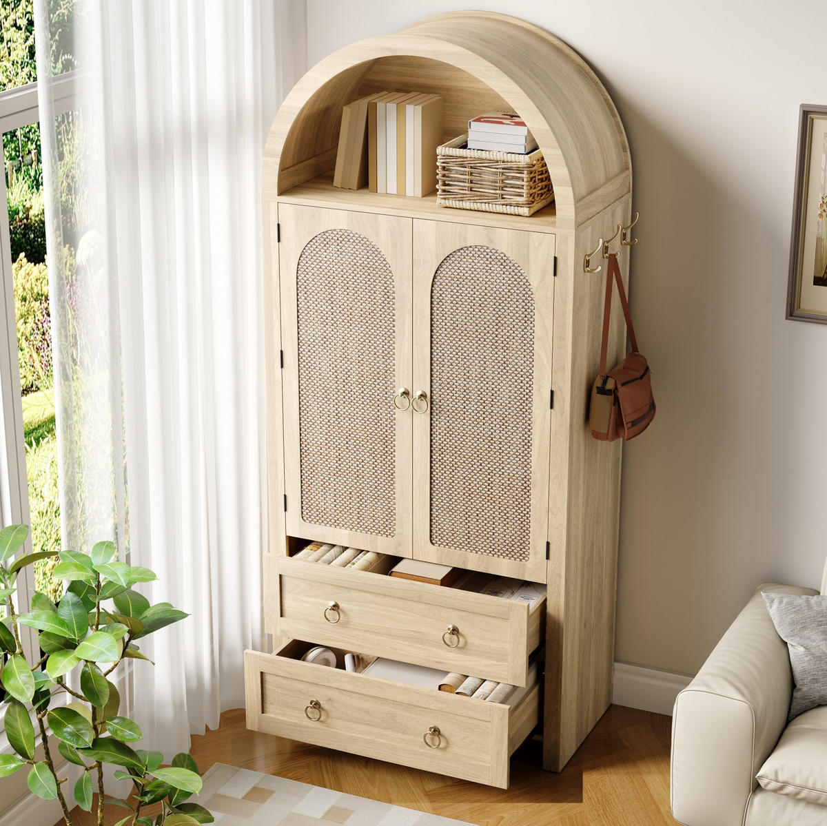 KOMMODE 80/40/180 cm aus MDF mit Rattangeflecht und verstellbaren Regalböden Eichefarben - Eichefarben, Holzwerkstoff (80/180/40cm) - Modenvie