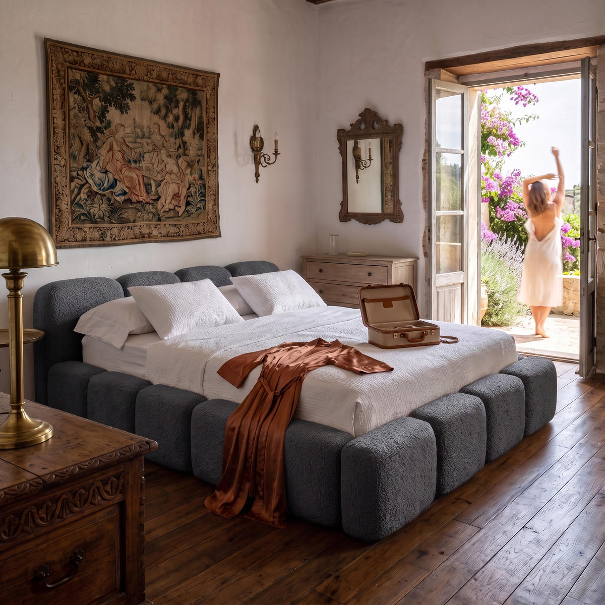 POLSTERBETT SUENO 180x200 cm in Graphit, gepolstertes Kopfteil, Metalllattenrost, Bettkasten, Bouclé-Stoff - Graphitfarben/Naturfarben, Holz/Textil (180/200cm) - Muffo