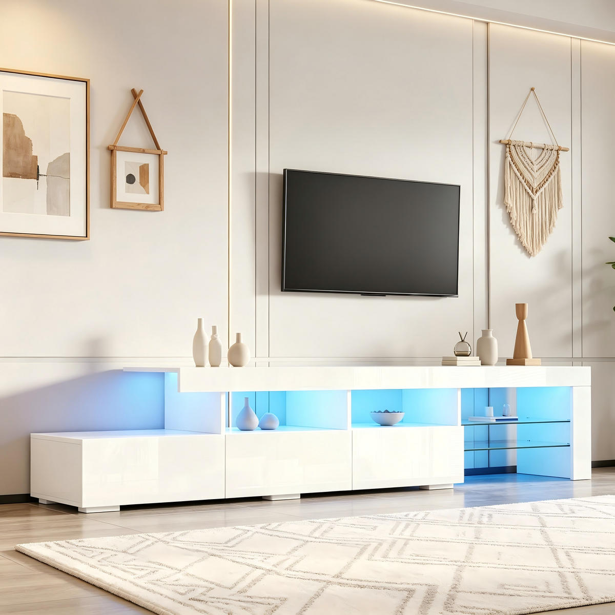 TV-RACK 180x35x45cm Hochglanz-Weiß mit App-gesteuerter LED-Beleuchtung - Weiß, Holz (42.49/10.01/162cm) - Raelunyi