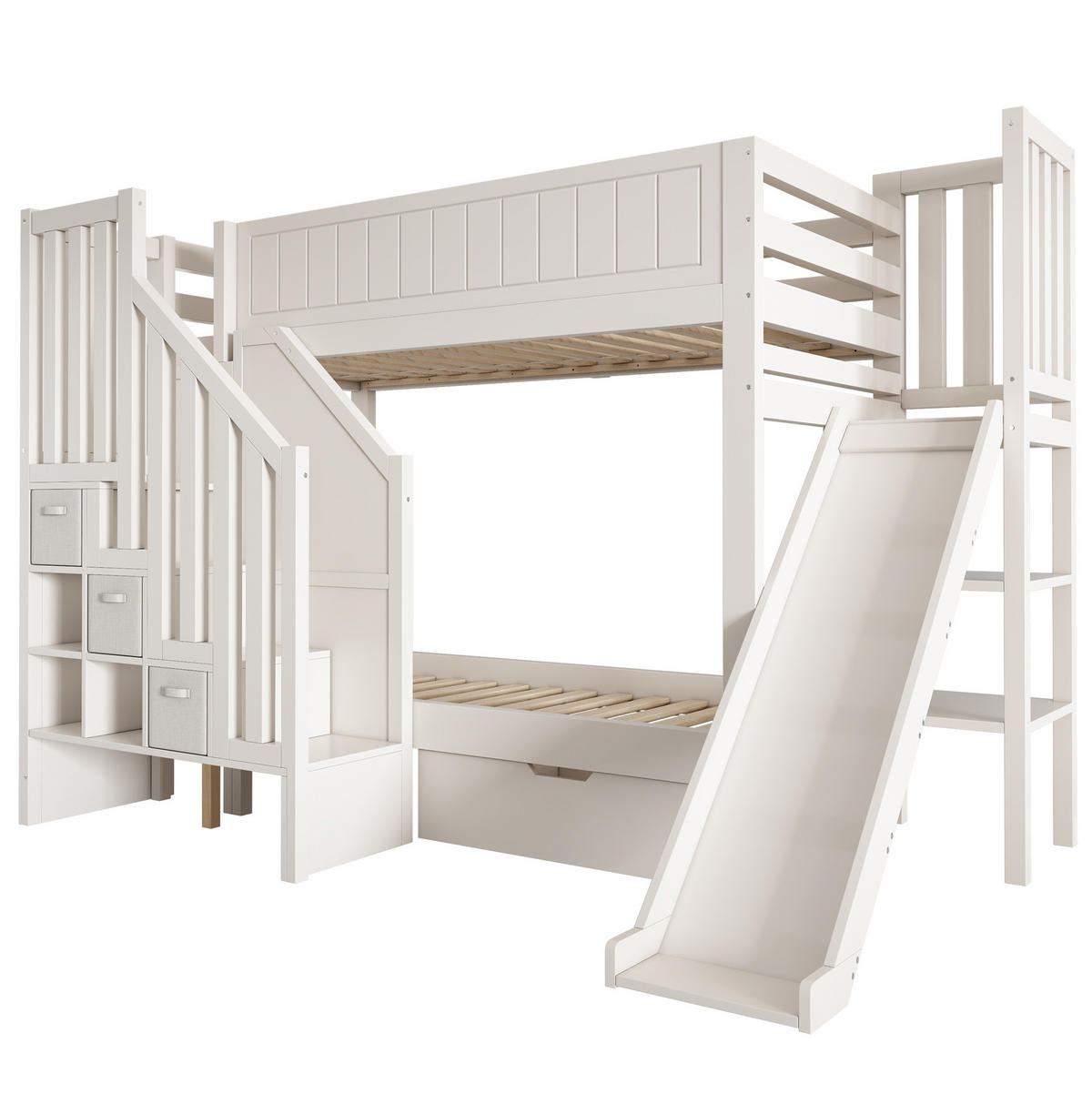 ETAGENBETT 90/200 cm mit Rutsche, Leiterschrank, Regalen und Schubladen, Weiß - Weiß, Holzwerkstoff (90/200cm) - Redom
