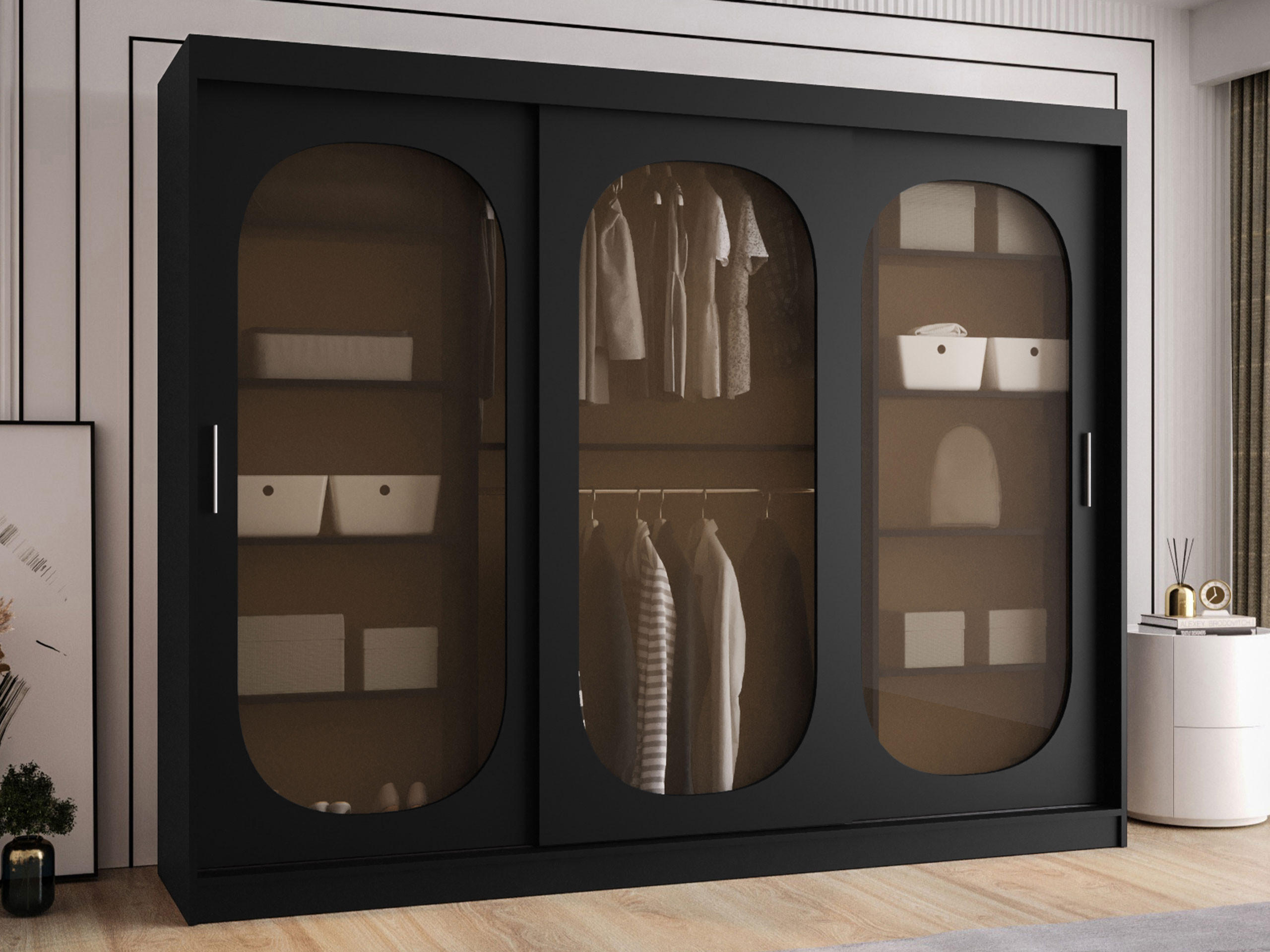 SCHWEBETÜRENSCHRANK Bahrajn 250 mit Schubladen - Silberfarben/Schwarz, Holzwerkstoff/Kunststoff (250/200/62cm) - MIRJAN24