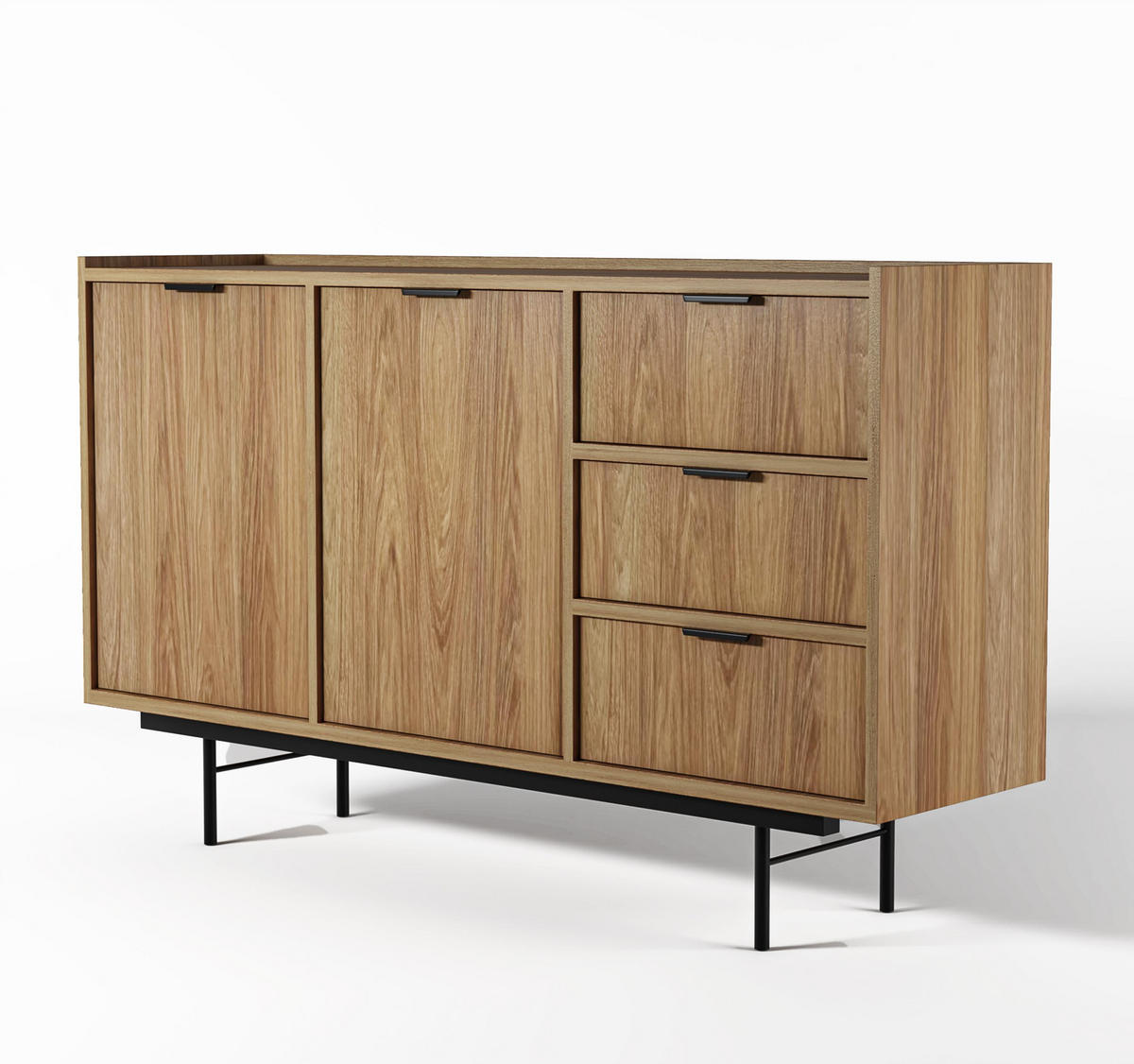 SIDEBOARD Nordiva 2T 3S Hikora Natur 150/90/40 cm – Metallgestell - Schwarz/Naturfarben, Holzwerkstoff/Metall (150/91/40cm) - AX Living