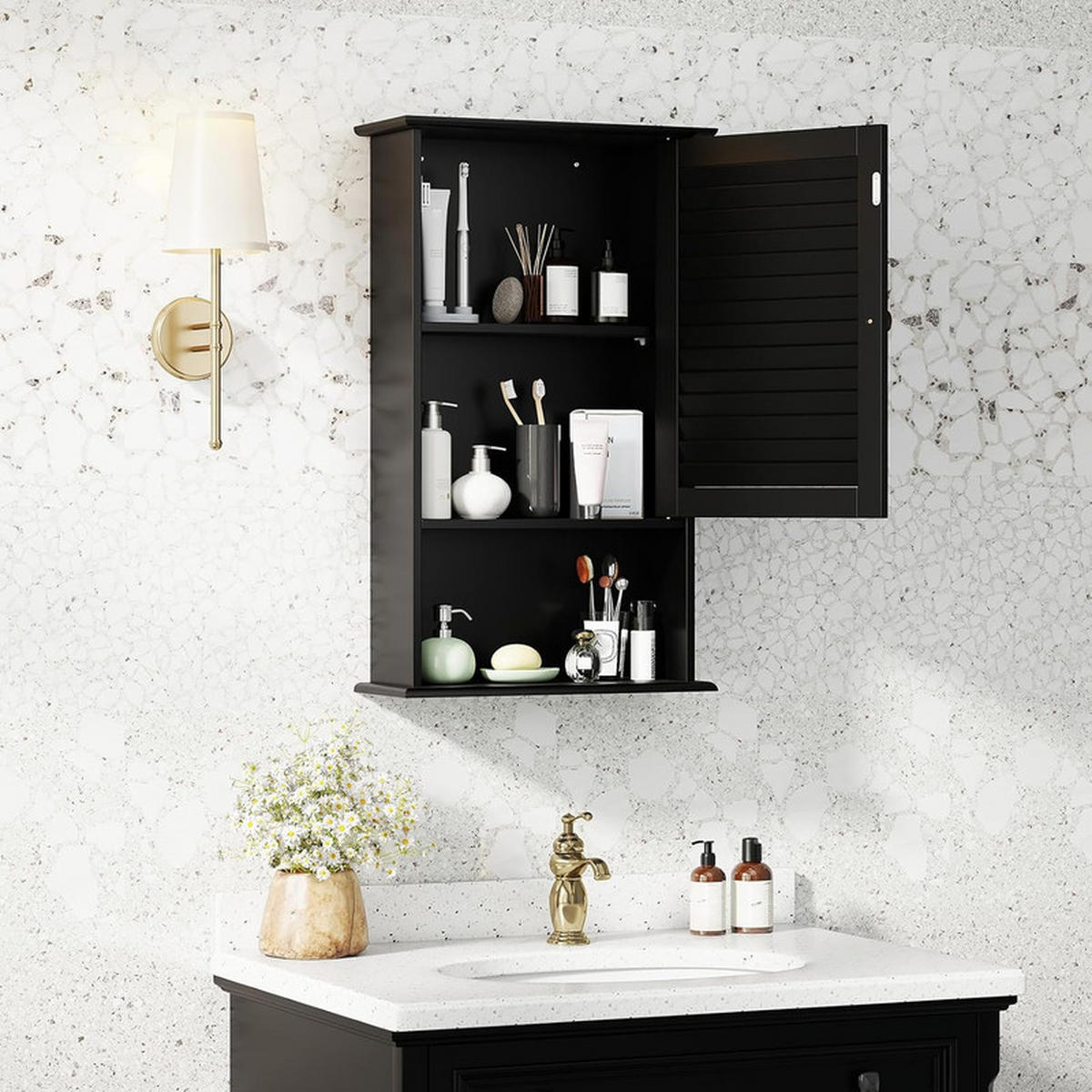 BAD-HÄNGESCHRANK mit verstellbarem Einlegeboden schwarz - Schwarz, Holzwerkstoff (42/70/17cm) - COSTWAY
