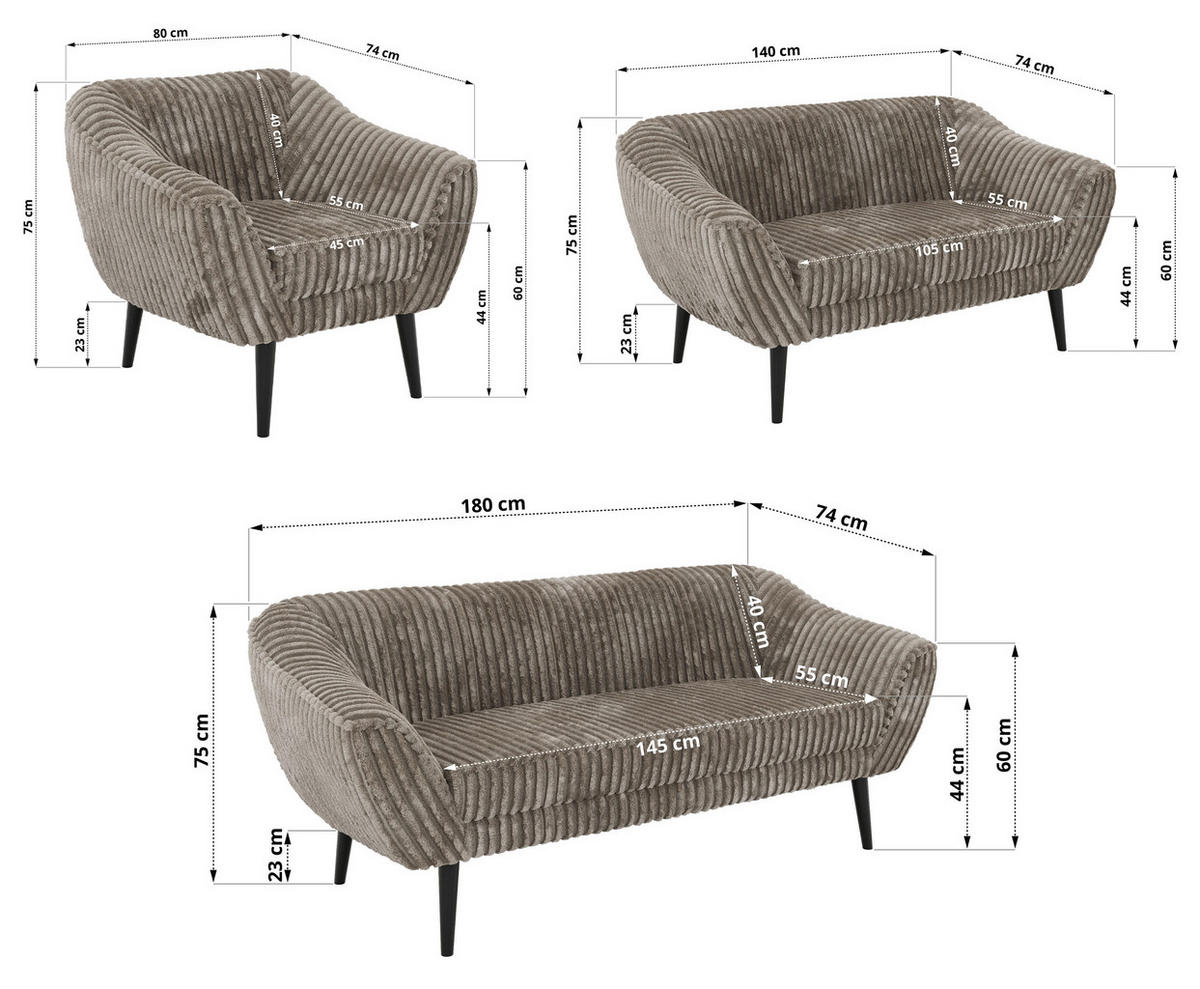 SEDACÍ SOUPRAVA 3+2+1 PIRS - Světle hnědá Manšestr - Černé nohy - černá/světle hnědá, kompozitní dřevo/textil (180/75/74cm) - MKS