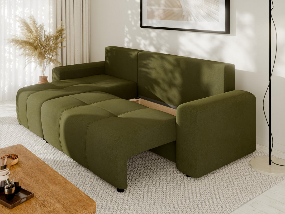 ECKSOFA Nolani mit Schlaffunktion & Bettkasten – Modern & Bequem - Olivgrün, Kunststoff (248/145cm) - Panda Möbel