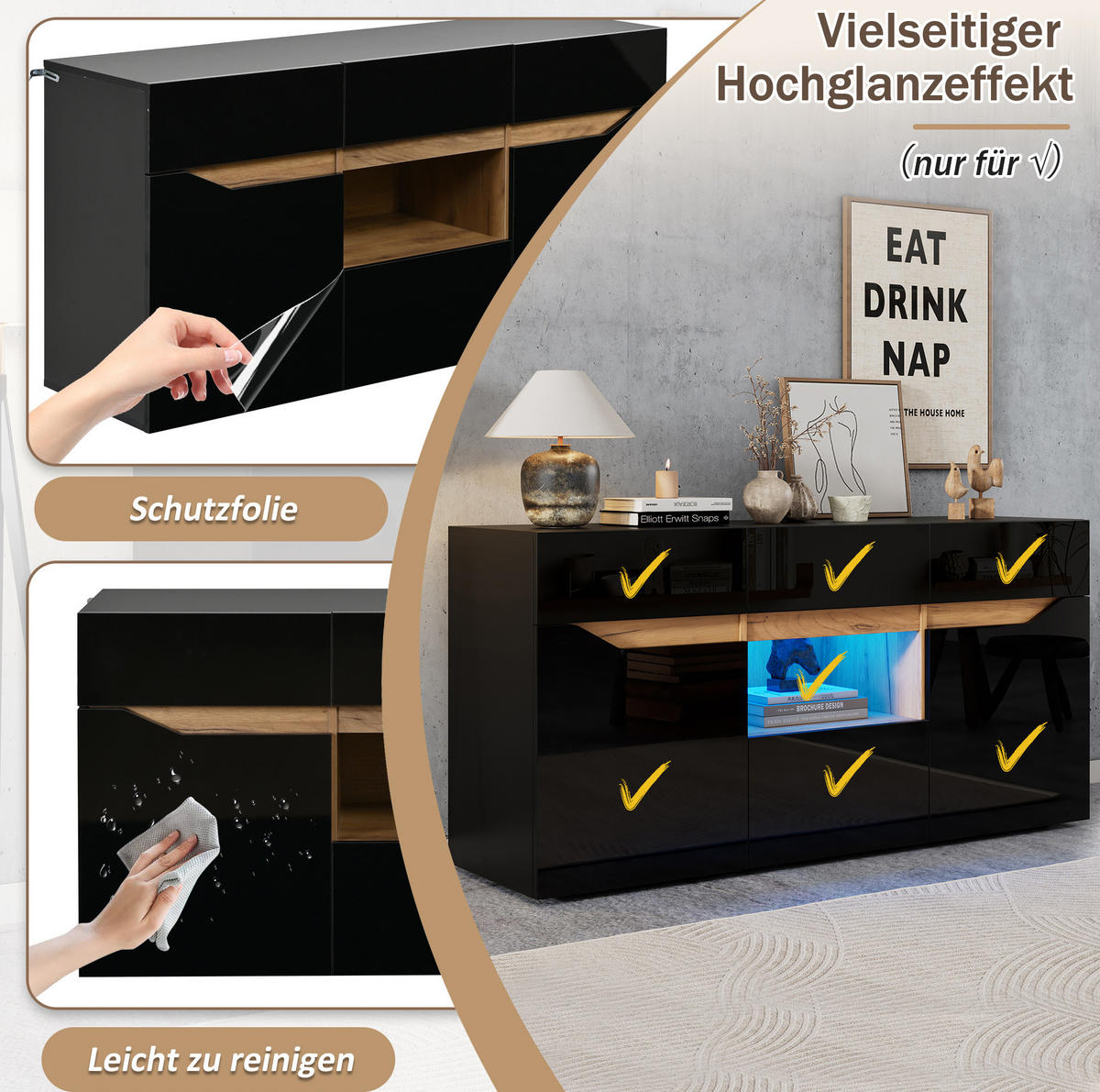 SIDEBOARD 140/40/70 cm schwarz aus Spanplatte mit LED und 4 Schubladen - Schwarz, Holzwerkstoff (140/70/40cm) - OKWISH