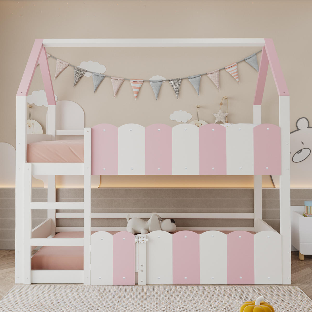 ETAGENBETT 90/200 cm DE-01478, in Rosa, mit Hausdesign und Sicherheitsgeländer - Pink, Holz (90/200cm) - ComfortXL