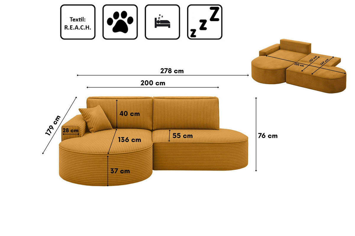 ECKSOFA Modena Pro - Komfort Und Stil Stoff Poso Senffarbe Links - Currygelb, Holz (179/278cm) - Kaiser Möbel