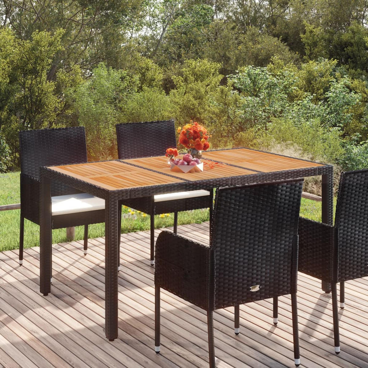 GARTENTISCH Mit Holzplatte Schwarz 150/90/75 Cm Poly Rattan - Schwarz, Kunststoff (90/150/75cm) - vidaXL