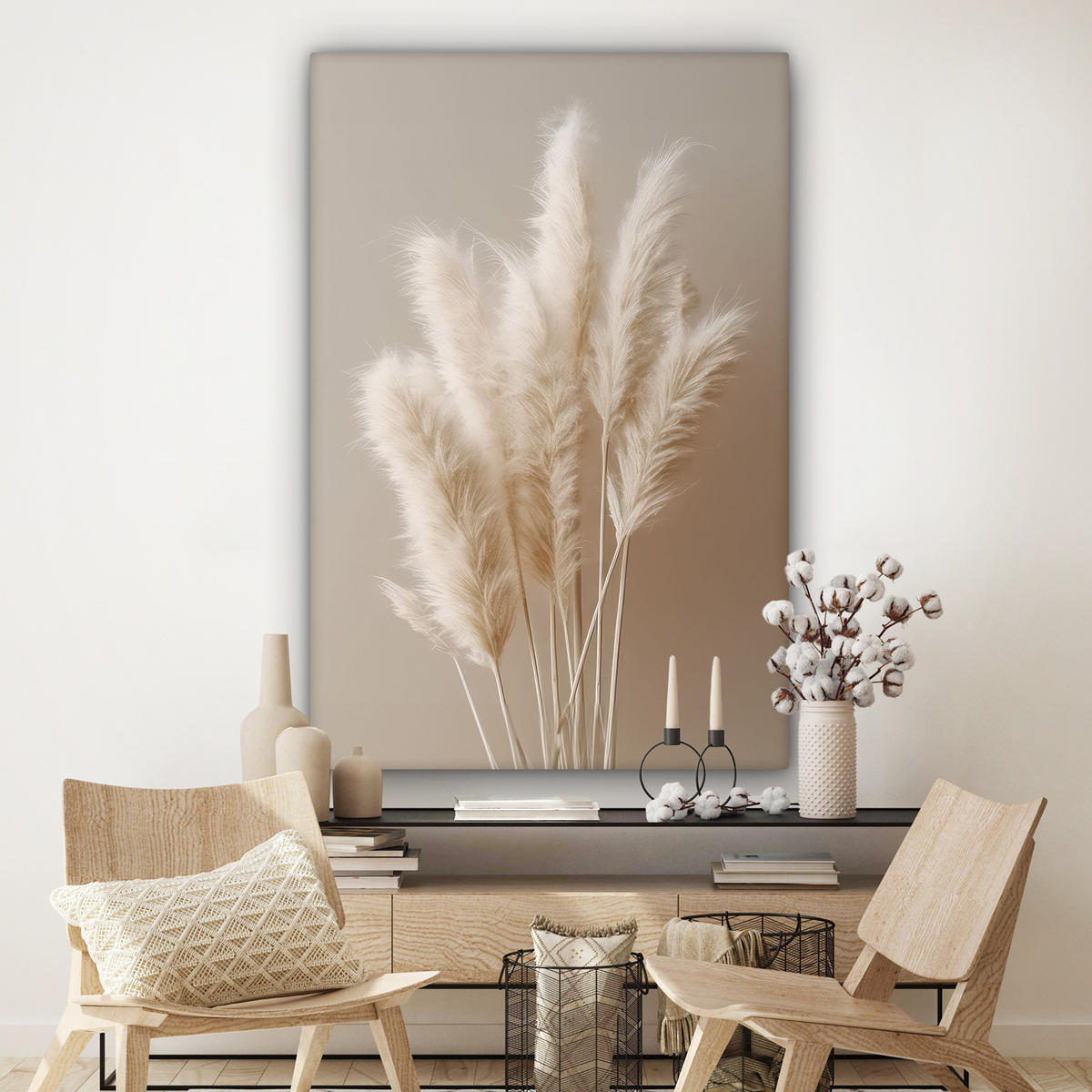 LEINWANDBILD Pampasgras - Federn - Pastell - Weiß Deko Groß 90x140 cm - Naturfarben, Textil (90/140cm) - MuchoWow