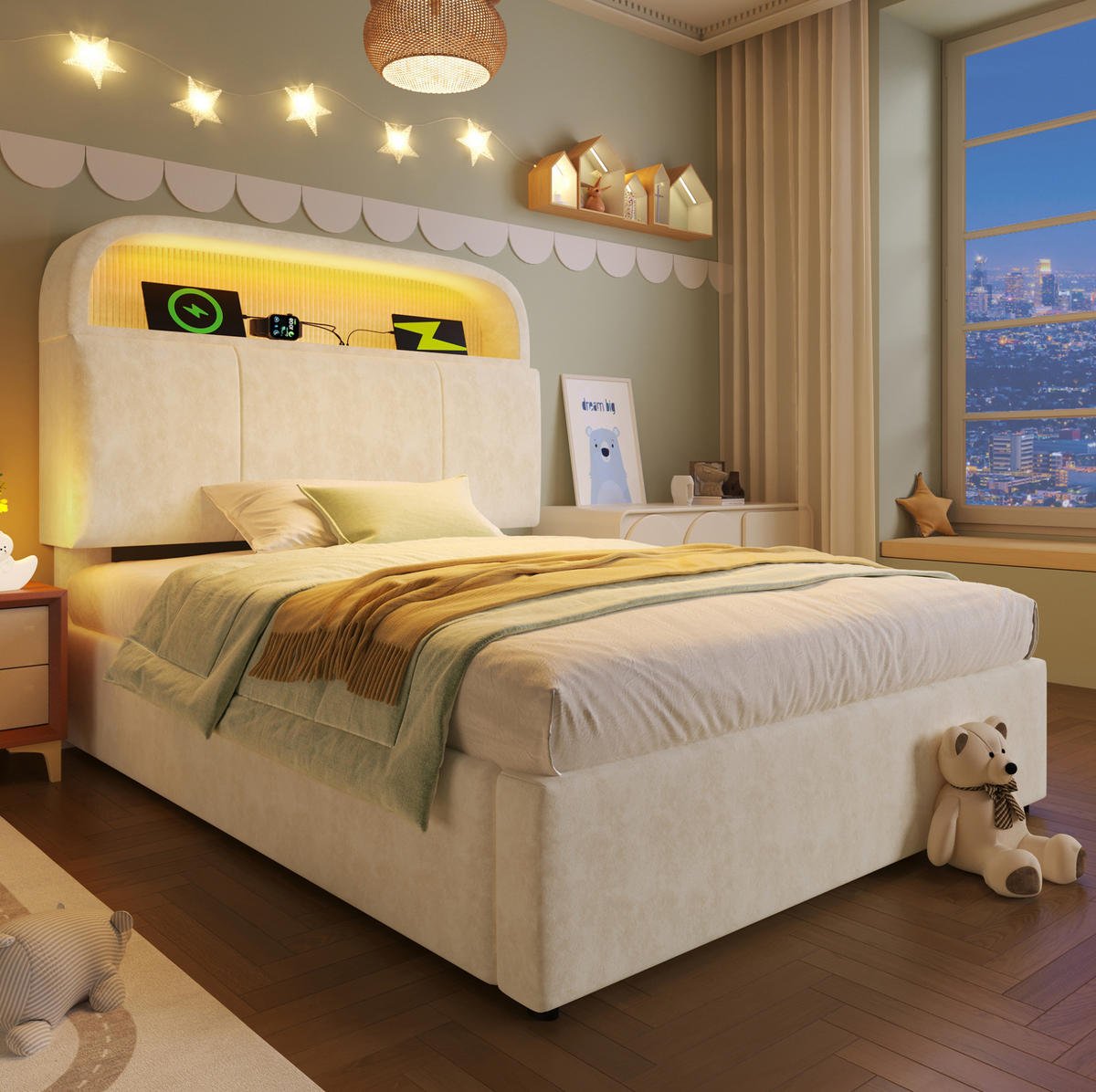 POLSTERBETT 90/200 cm Beige mit Matratze, LED-Beleuchtung und Stauraum - Beige, Textil (90/200cm) - Flora Grace