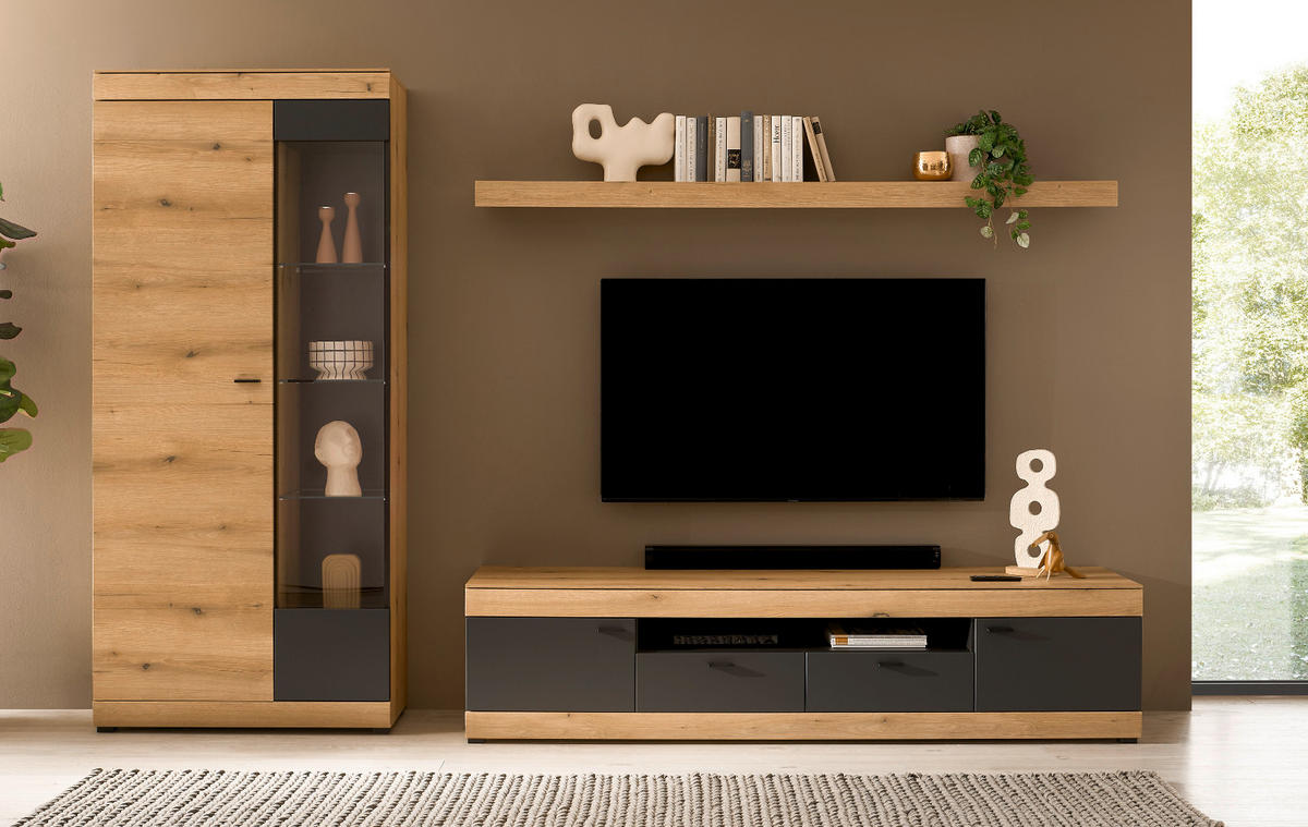 WOHNWAND Eiche, grau 300 x 201 cm, Wohnzimmer Set mit Soft-Close - Kaschmir/Eichefarben, Glas/Holzwerkstoff (300/201/45cm) - Furn.Design