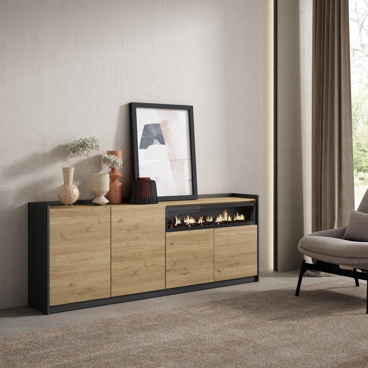 SIDEBOARD, Highboard, Eiche Schwarz, Elektrokamin, 207/37/80cm - Eichefarben, Holzwerkstoff (207/80/37cm) - Skraut Home