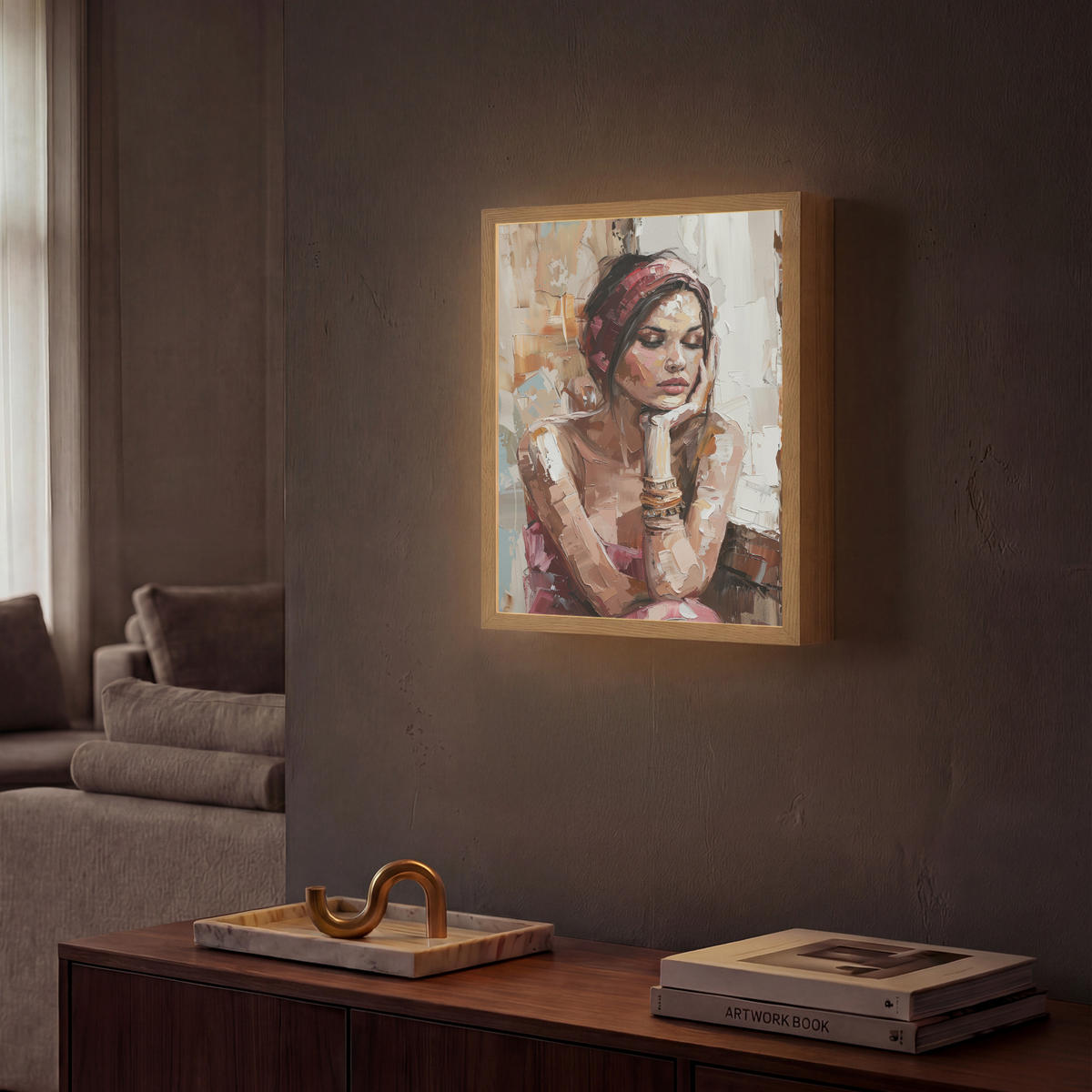 NÁSTĚNNÁ LAMPA S AKUMULÁTOREM Žena - vzhled malby - portrét - moderní 30x40 cm - hnědá, kompozitní dřevo (30/40/8cm) - OnlyWow