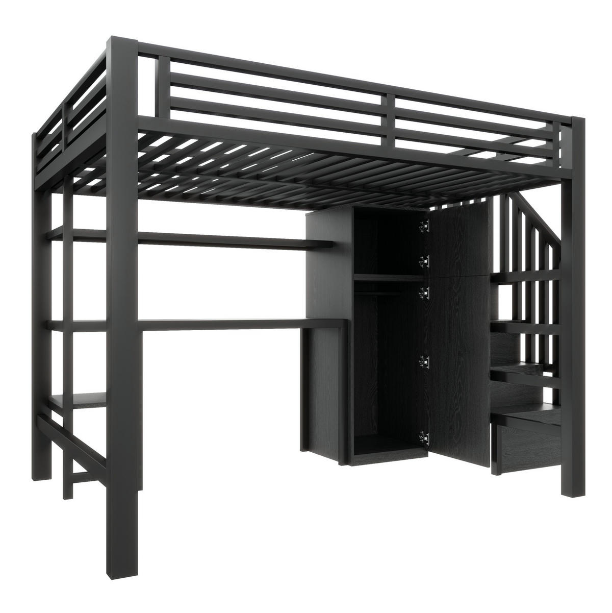 HOCHBETT 140/200 cm aus Metall und MDF mit Schreibtisch, Kleiderschrank, Regal und LED-Beleuchtung Schwarz - Schwarz, Holzwerkstoff (140/200cm) - Modenvie