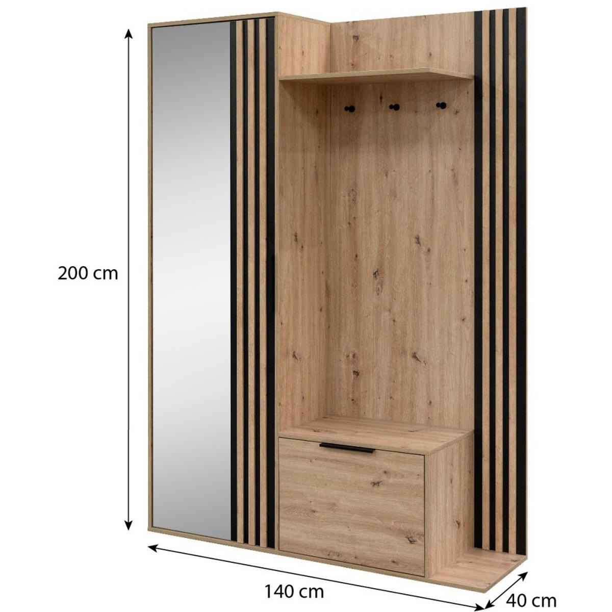 GARDEROBENSCHRANK Aria mit Spiegel und 2 Türen, eiche Artisan - Eiche Artisan, Holzwerkstoff (140/200/40cm) - Beautysofa