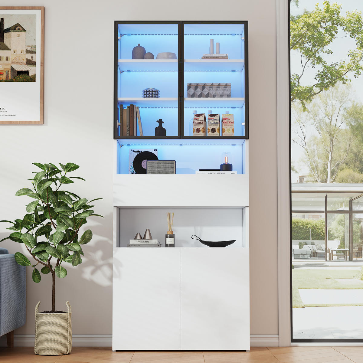 VITRINE LED Glas Hochschrank 2 Türen Schubladen Weiß - Weiß, Holzwerkstoff (70/200/30cm) - FLIEKS