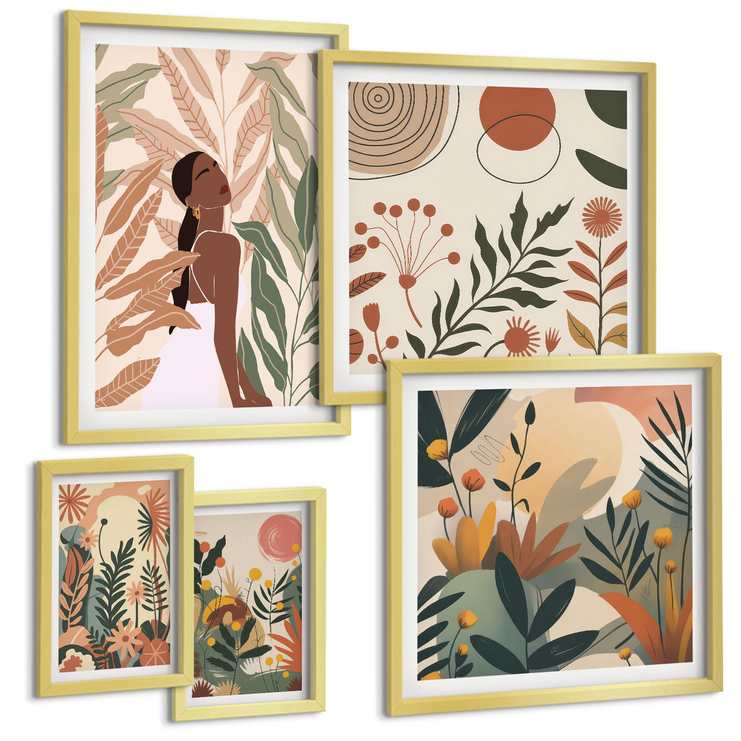 BILDER SET 5er Set - 50x50 cm & 20x30 cm & 40x60 cm Goldrahmen - Pflanzenmotive in Farben - Goldfarben, Kunststoff (40/60cm) - TULUP