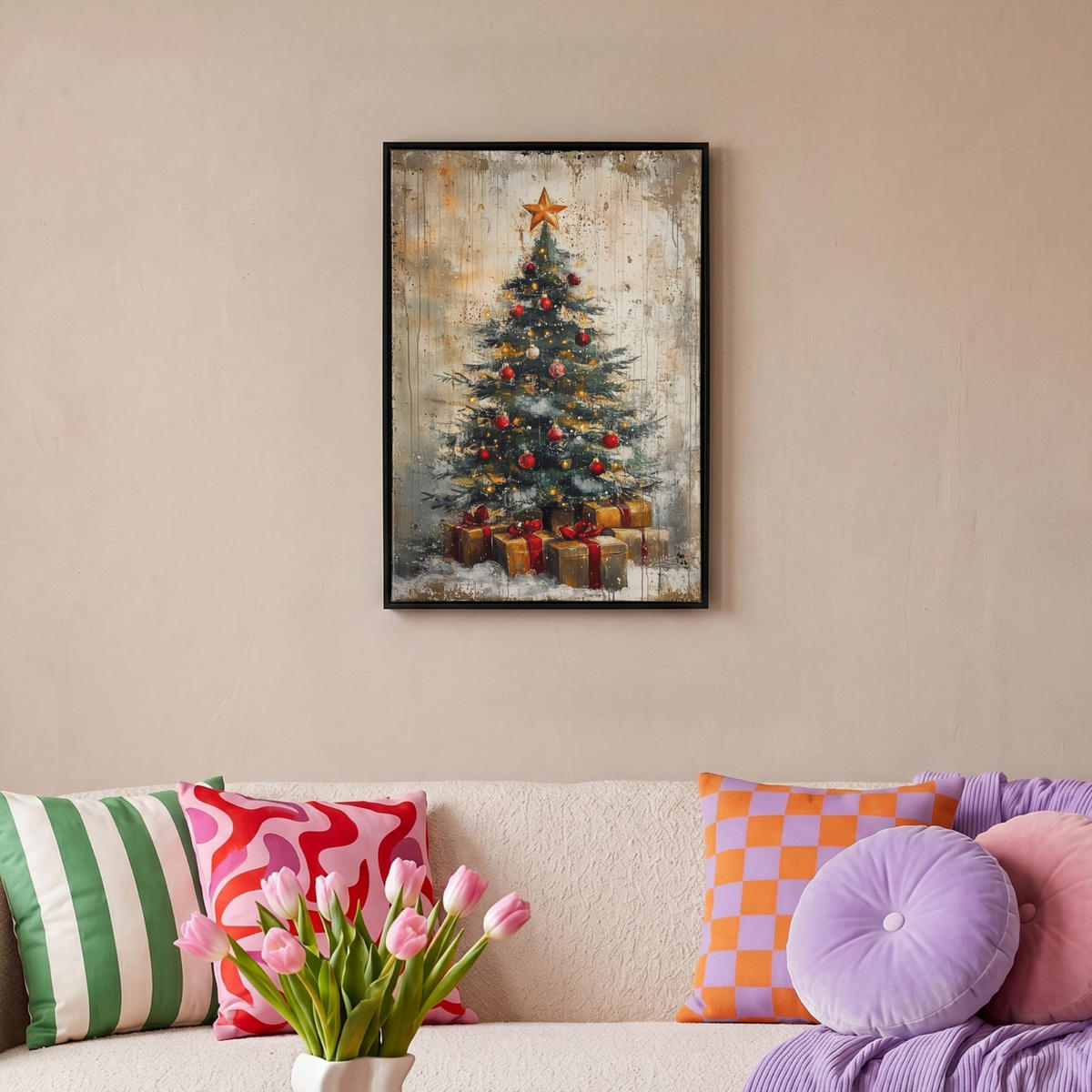 LEINWAND Bilder mit Rahmen - Weihnachtsbaum - Vintage - Weihnachten - Geschenk - 40x60 - Rostfarben, Textil (40/60cm) - MuchoWow