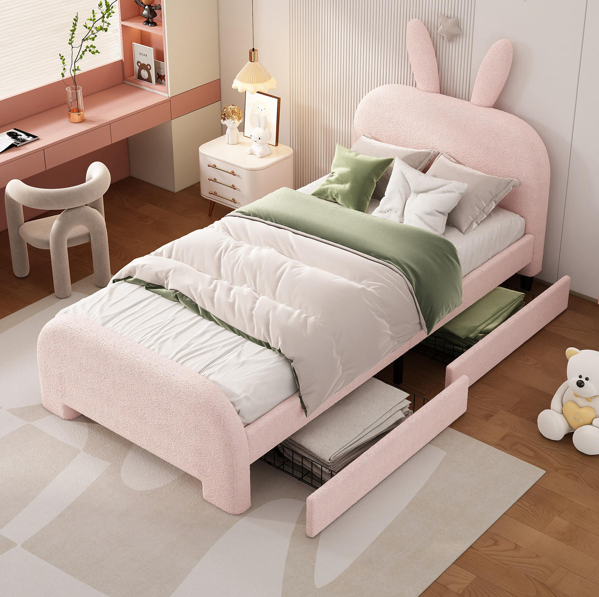 KINDERBETT 90/200 cm aus Plüsch und MDF mit Kaninchen-Kopfteil und 2 Schubladen Rosa - Rosa, Textil (90/200cm) - Modenvie