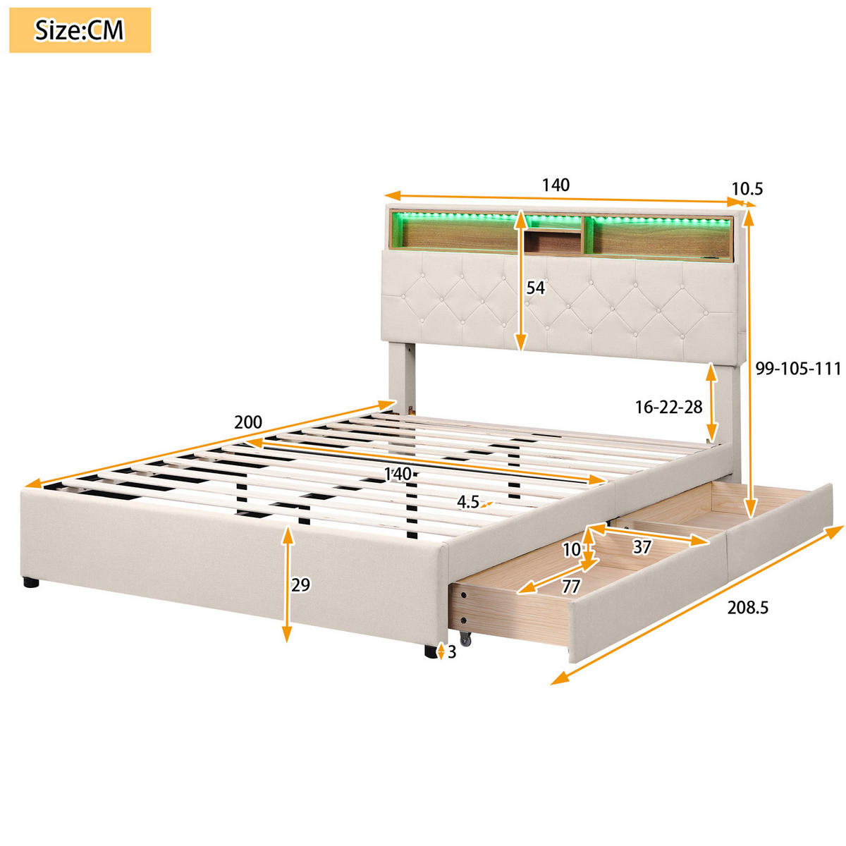 POLSTERBETT 140/200 cm in Beige mit LED-Beleuchtung - Grau, Holz/Textil (140/200cm) - KOMHTOM