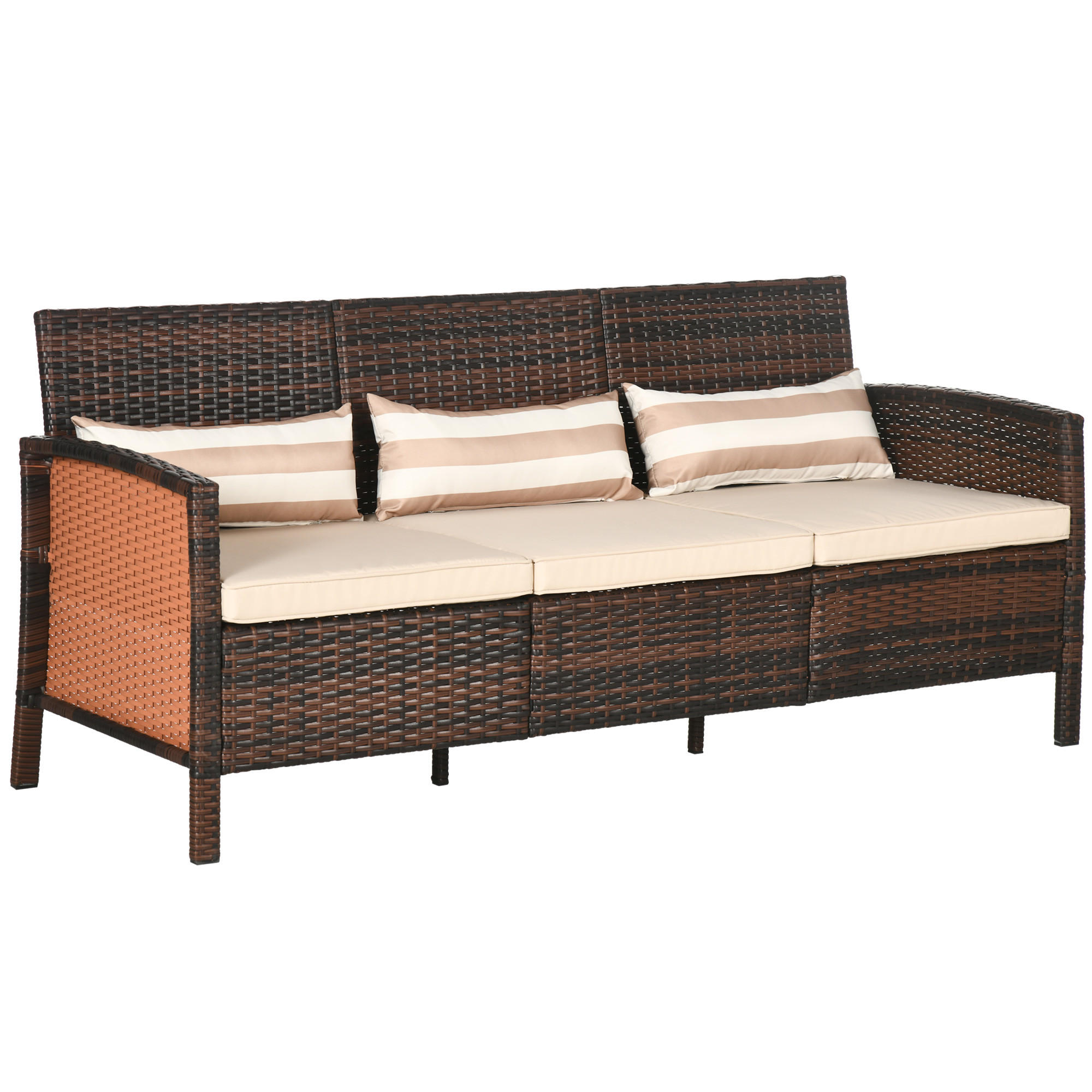 RATTAN Sofa mit Kissen, Dreisitzer, Garten Loungesofa, Stahl, Braun - Braun, Metall (68/78/173cm) - Outsunny