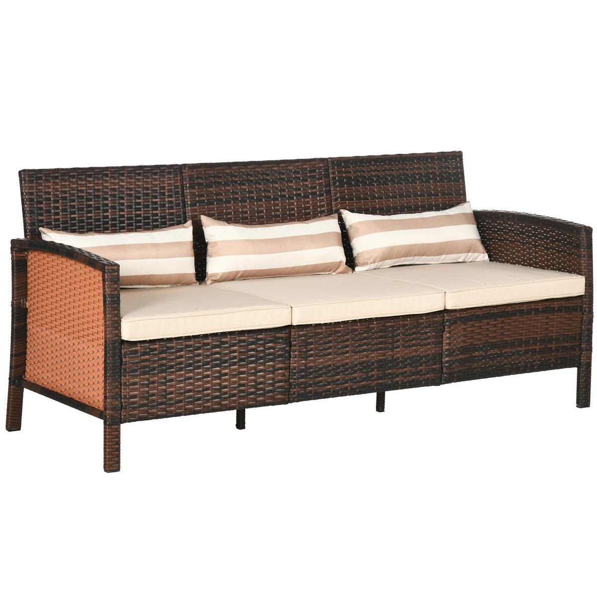 RATTAN Sofa mit Kissen, Dreisitzer, Garten Loungesofa, Stahl, Braun - Braun, Metall (68/78/173cm) - Outsunny