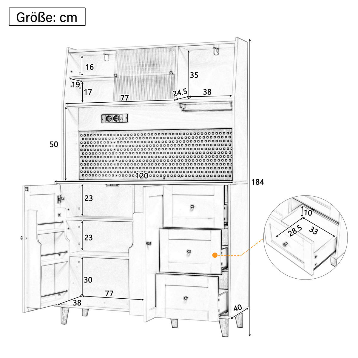 BUFFET 120x40x184 cm Weiß mit Fluted Glas & Ladestation - Weiß, Holzwerkstoff (40/184/120cm) - Modfu