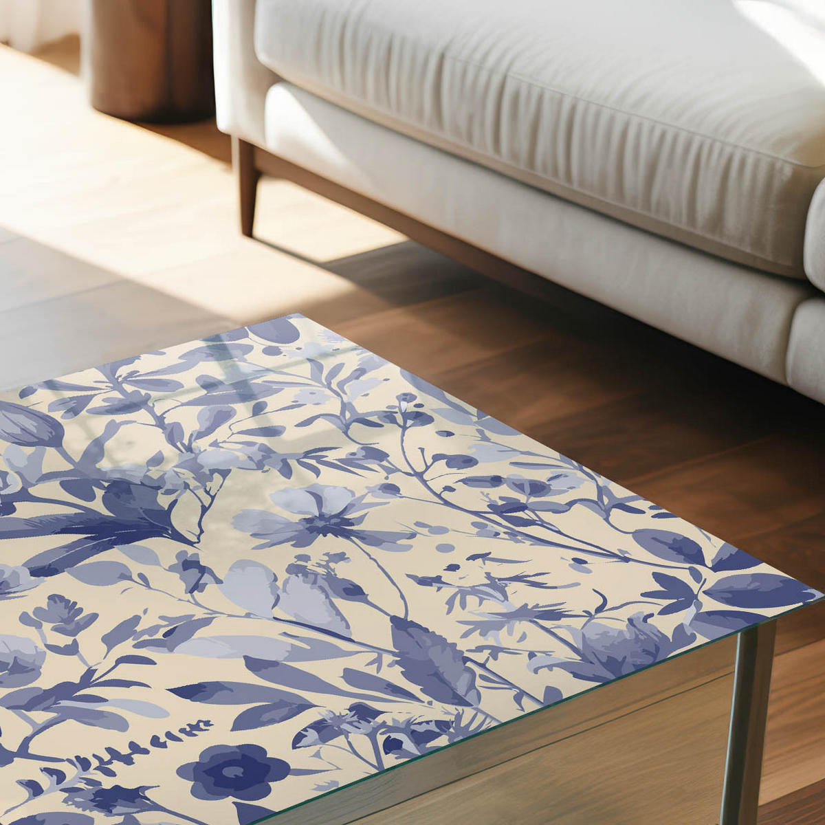 TISCHPLATTE 50x50 cm – Blaue Blumen - Creme, Glas (50/50/0.4cm) - Wallfluent