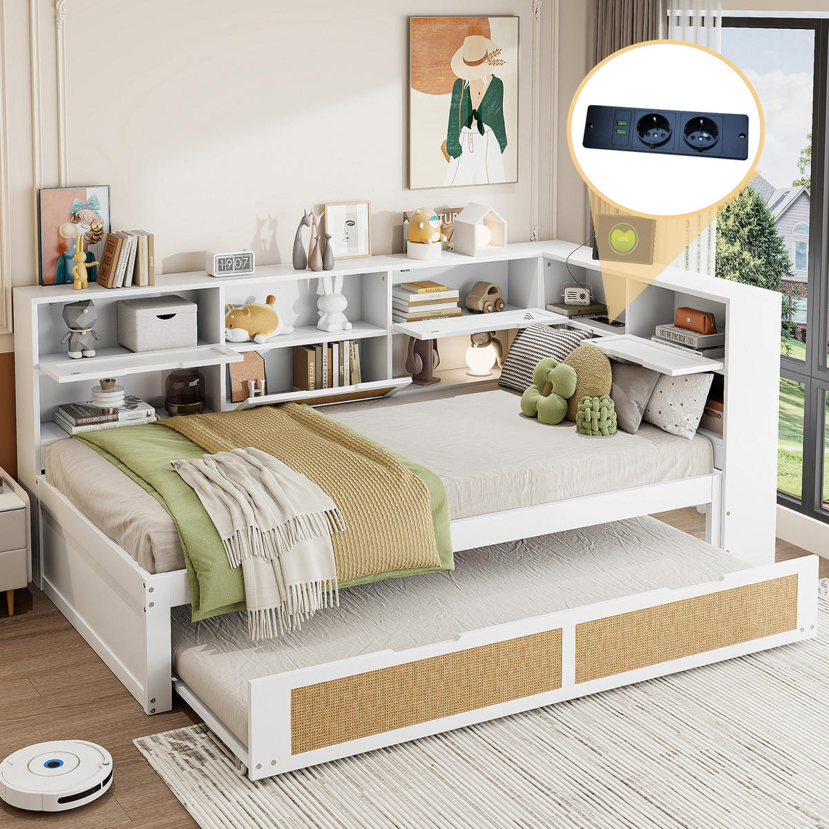 BETT 90/200 cm Weiß aus Massivholz mit Bett und Ladeanschluss - Weiß, Holz (90/200cm) - OKMYHOME