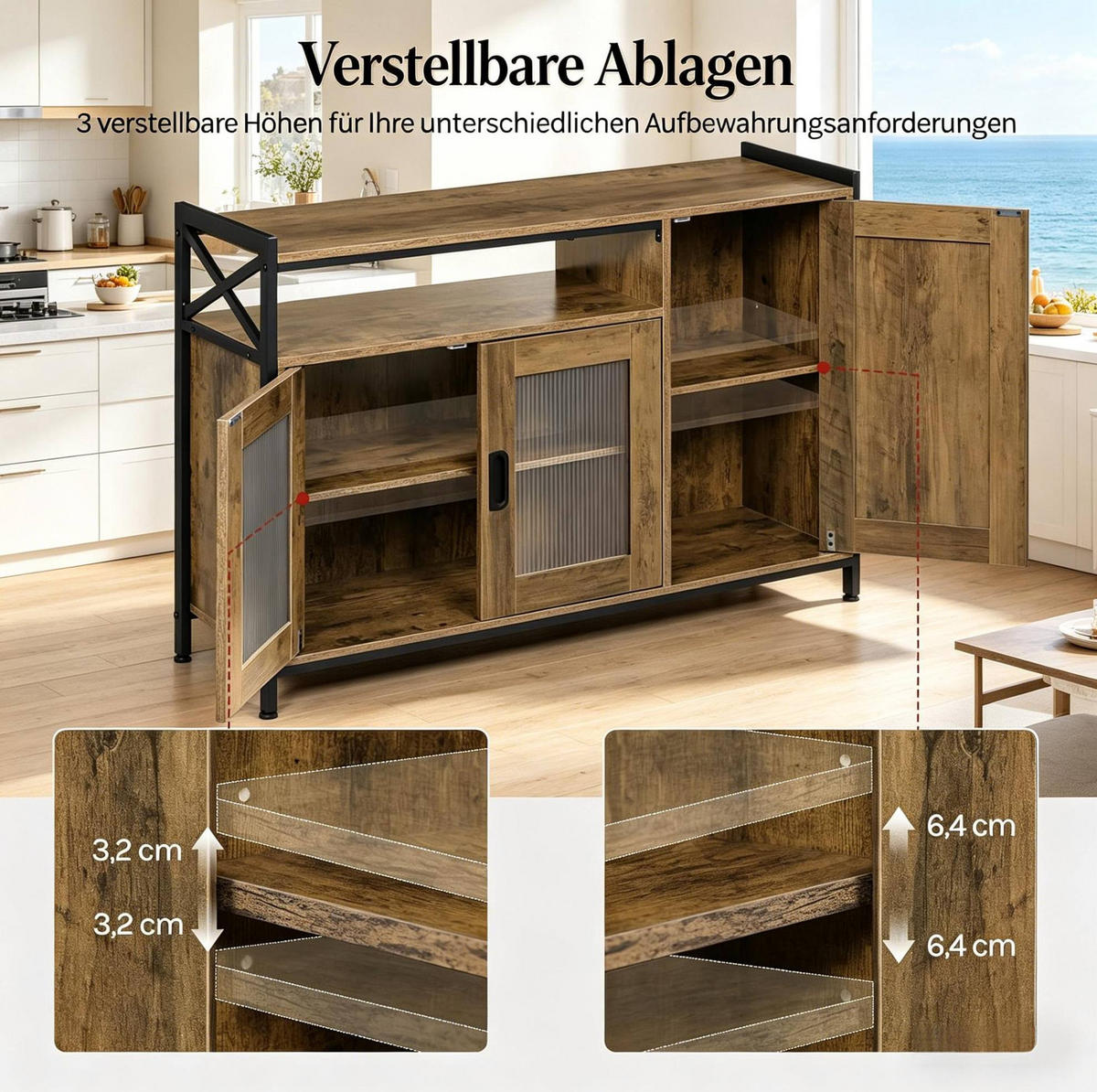 SIDEBOARD 110/33/75 cm braun aus Holzwerkstoff und Metall mit offenem Fach und verstellbaren Regalen - Braun, Holzwerkstoff (33/75/110cm) - OKWISH