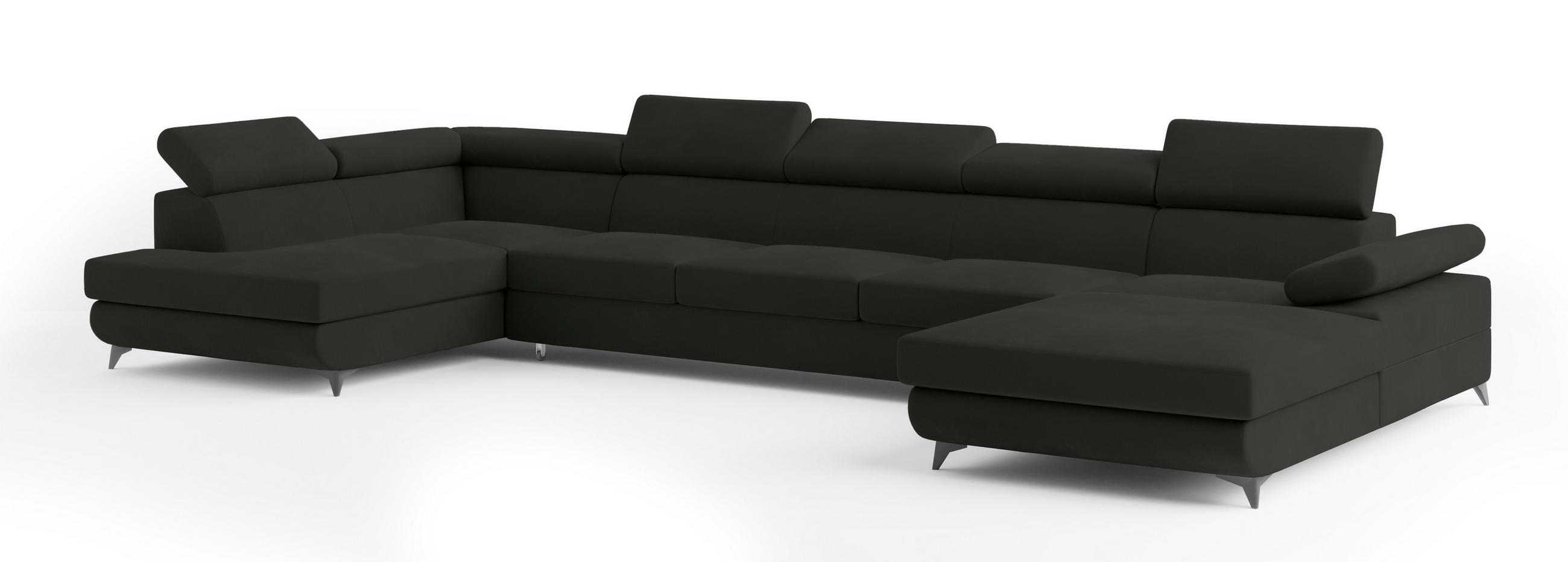 WOHNLANDSCHAFT MONTIVA Schwarz Velours-Stoff mit Schlaffunktion - Schwarz, Holz (410/89/190cm) - MASSENO