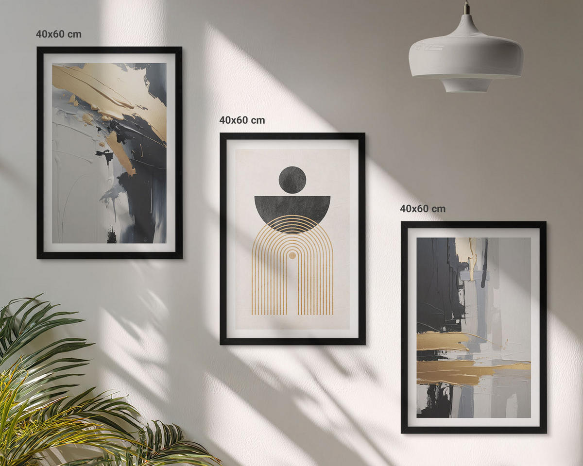BILDER SET 3er Set - 40x60 cm Schwarzer Rahmen - Abstrakte Geometrie Eleganz - Schwarz, Kunststoff (40/60cm) - TULUP