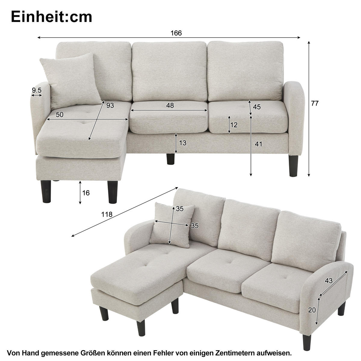 ECKSOFA L-Form 3-Sitzer mit Chaiselongue Baumwoll-Leinenstoff Beige Grau 166/118/77 cm - Beige, Kunststoff (166/118cm) - OKWISH