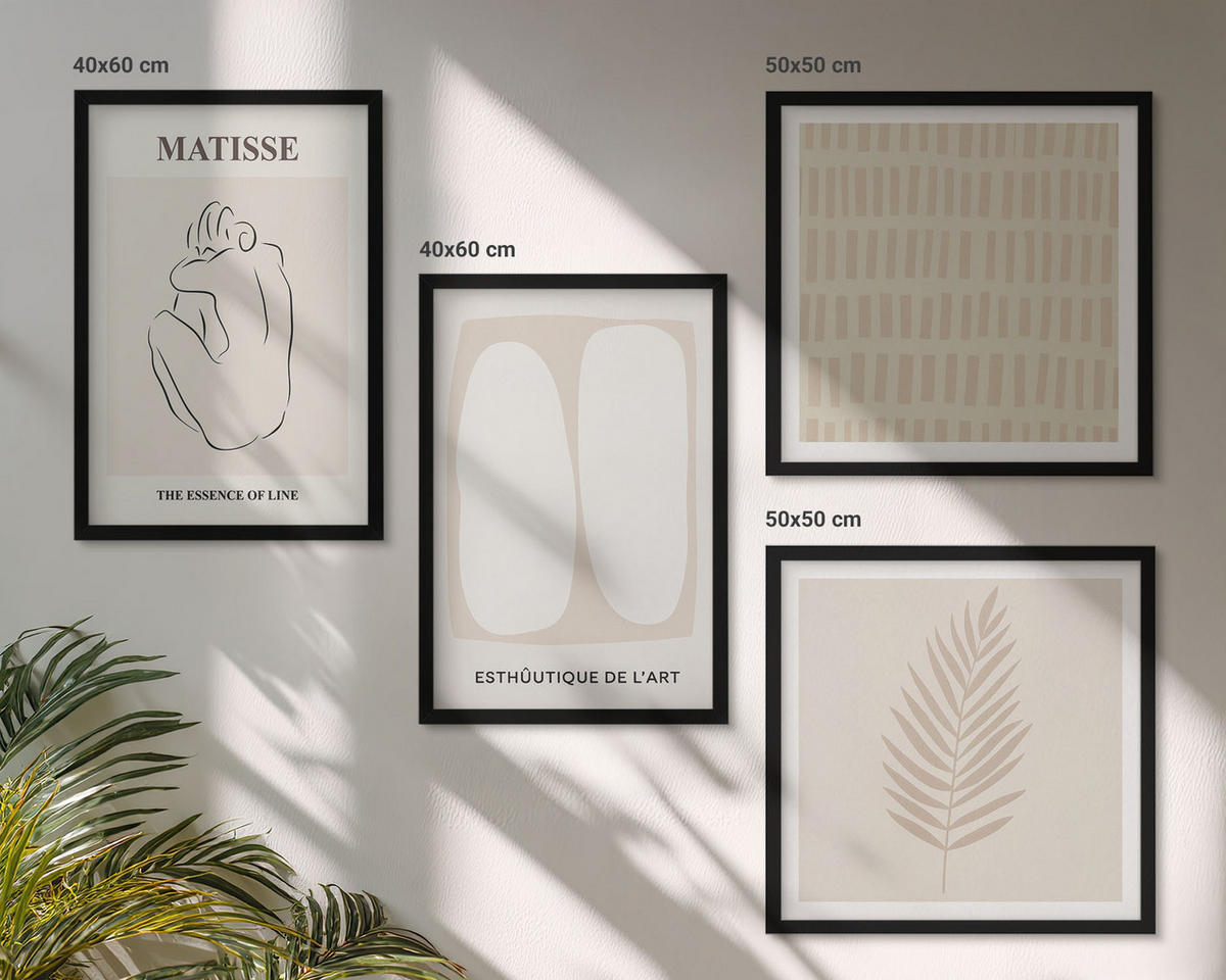 BILDER SET 4er Set - 50x50 cm & 40x60 cm Schwarzer Rahmen - Linien, Formen, Beige, Weiß - Schwarz, Kunststoff (50/50cm) - TULUP