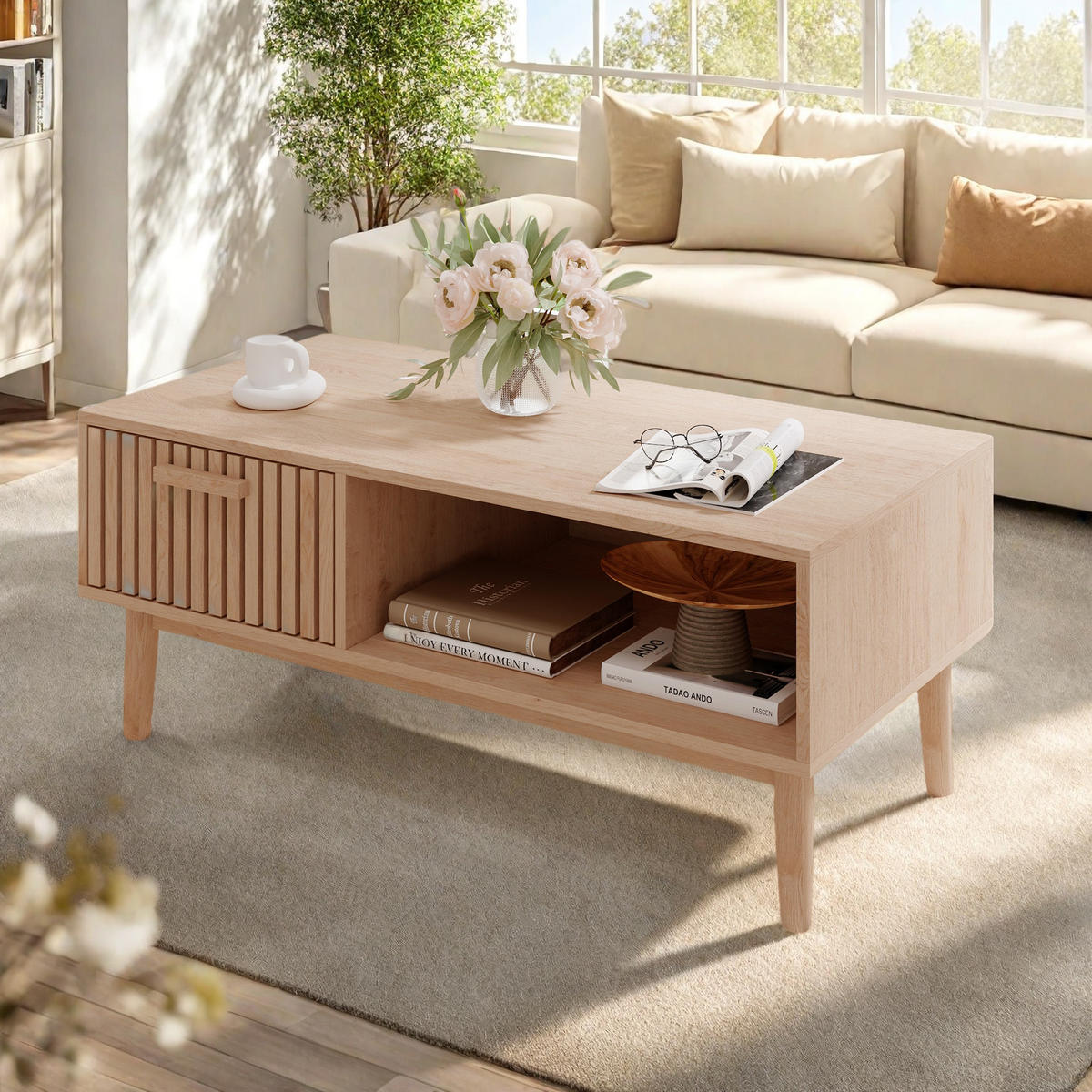 COUCHTISCH naturholz rattanoptik mit fach und schublade - Braun, Holzwerkstoff (100/50/43cm) - SHOPENTRA
