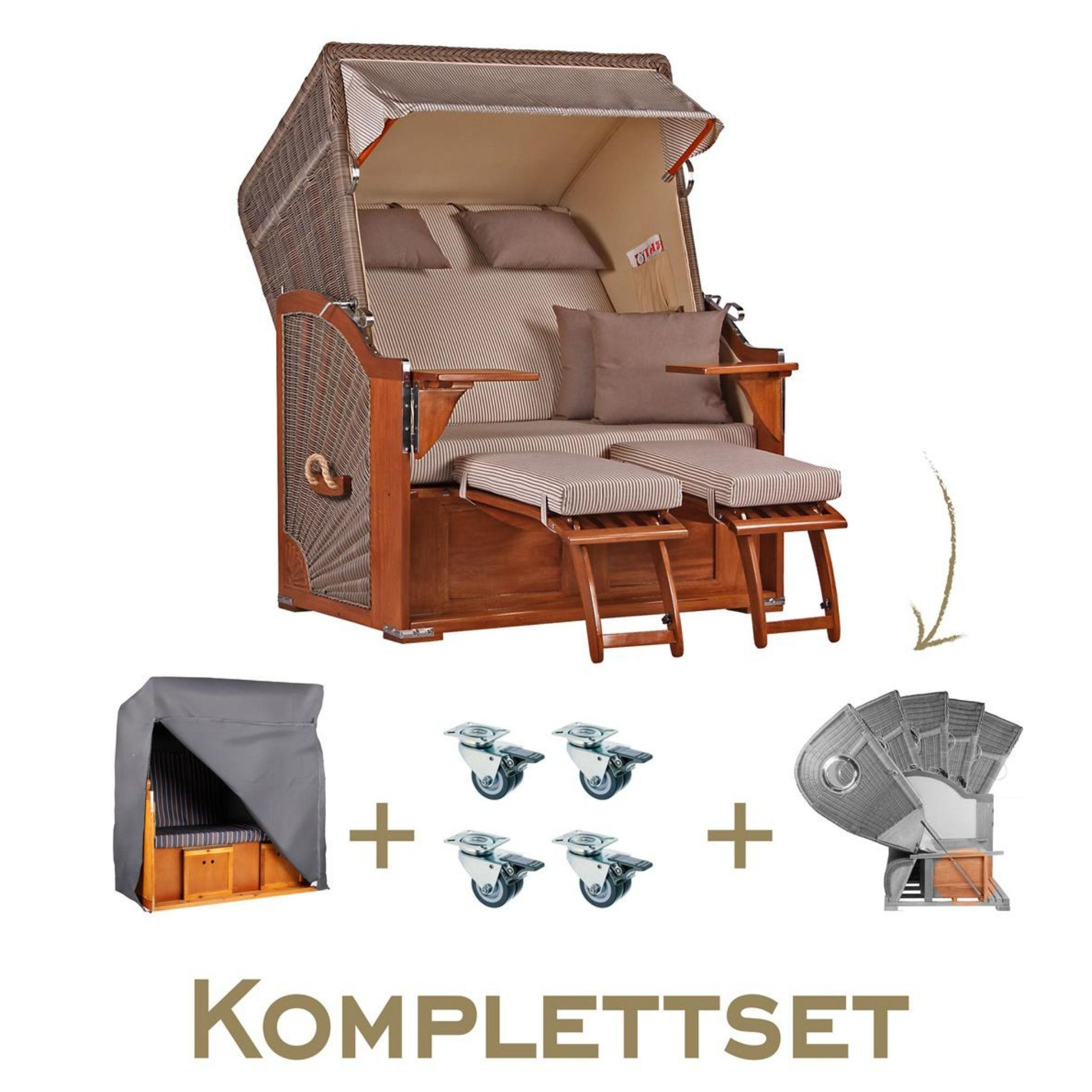 STRANDKORB Komplettset Seeblick Mahagoni PE Grey Dessin 510 - Beige/Braun, Naturmaterialien/Metall (125/170/80cm) - Mr. Deko