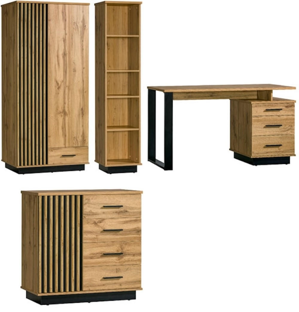 JUGENDZIMMER-SET Lamia Wotan Eiche / schwarz 355 / 56 / 193cm - Eiche Wotan/Schwarz, Holz/Holzwerkstoff (135/175/56cm) - Feldmann-Wohnen