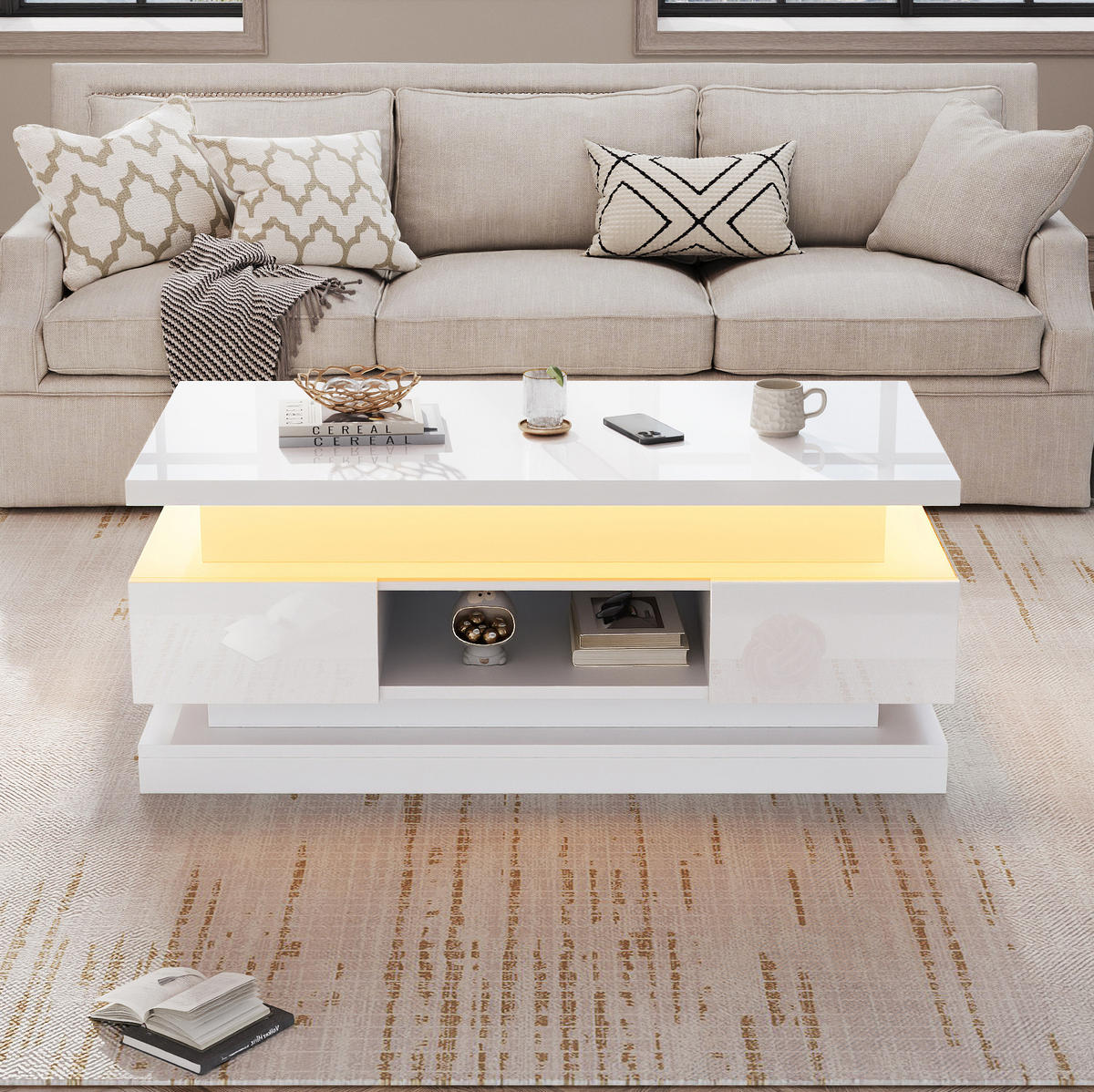 KONFERENČNÝ stolík z drevotriesky, 100/50/40 cm biely, výškovo nastaviteľný s LED - biela, kompozitné drevo (100/50/40cm) - BEAOK