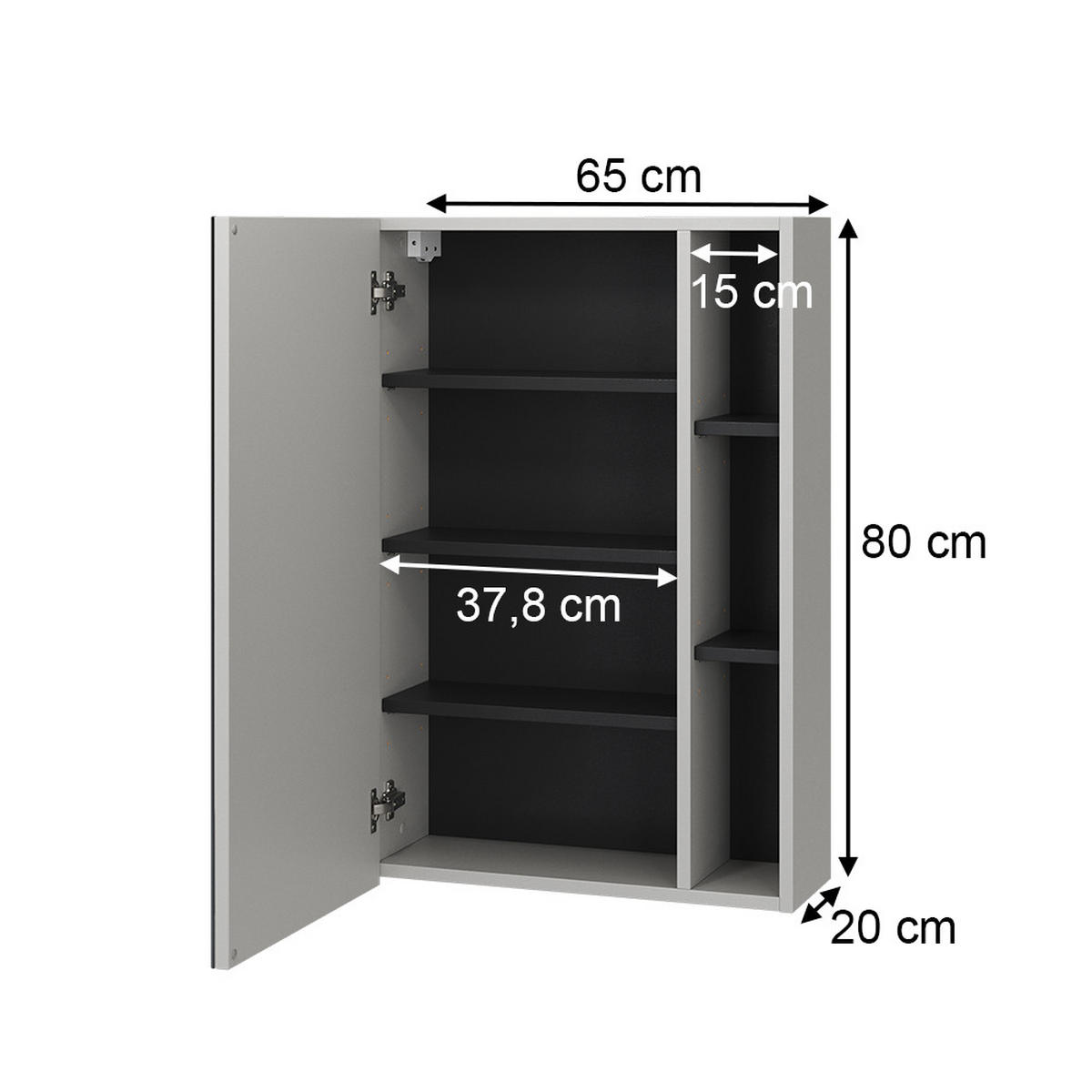 BADSPIEGELSCHRANK Gerta Grau 65 x 80 cm mit Tür und offenen Fächern - Grau, Holzwerkstoff (65/80/20cm) - Vicco